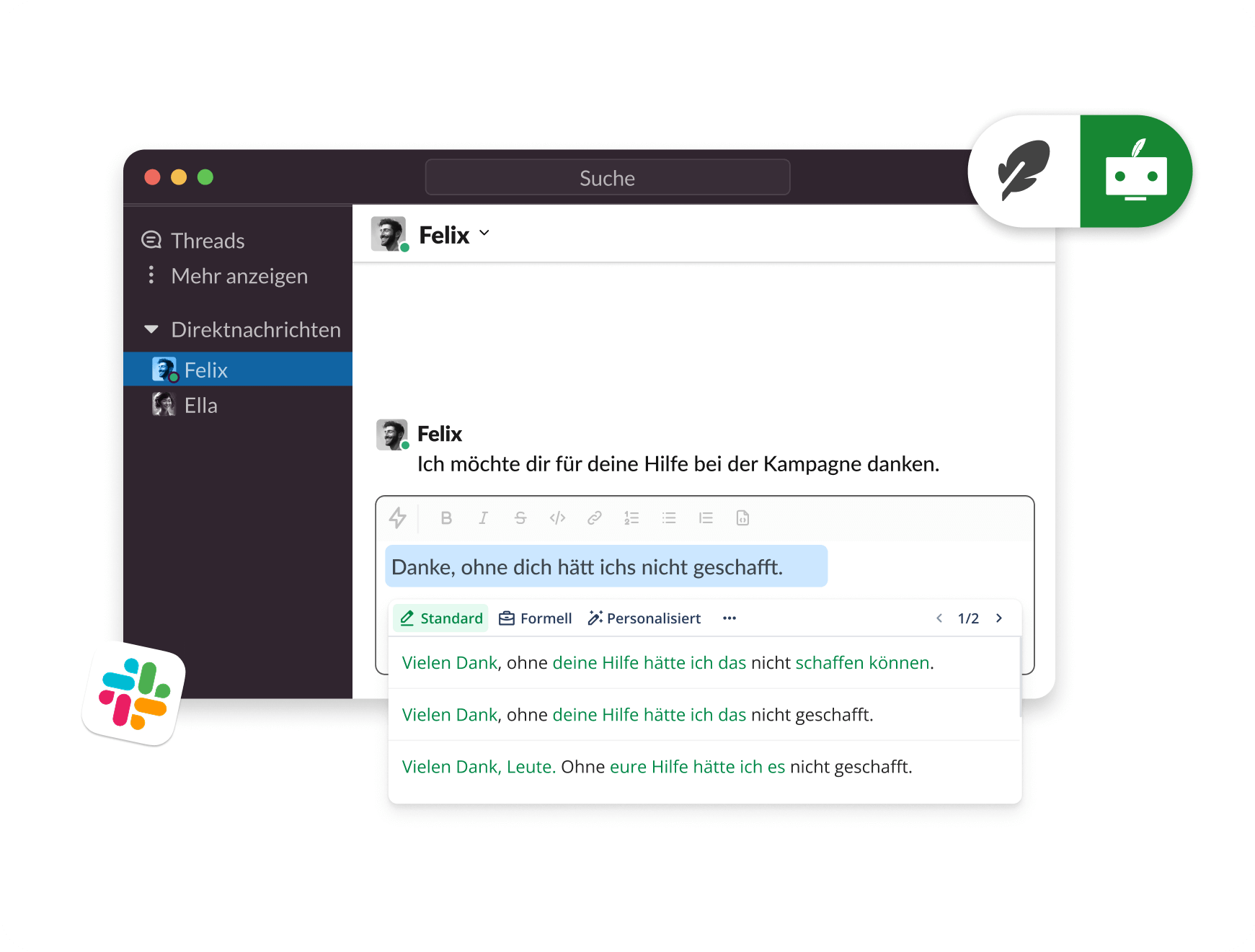 QuillBot für macOS funktioniert mit Slack