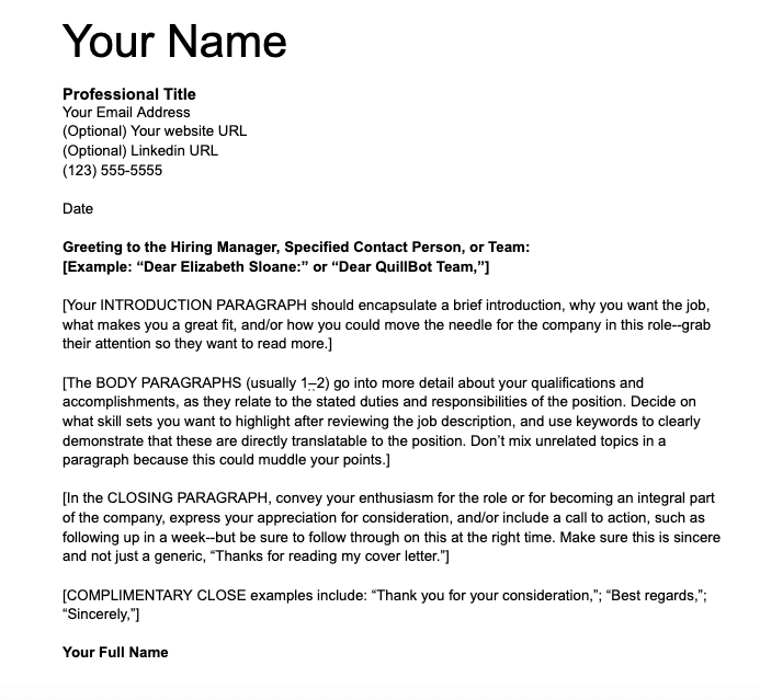 QuillBot Cover Letter Template