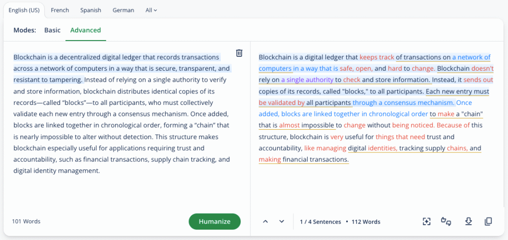 Example of QuillBot's AI Humanizer