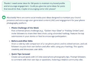 Screenshot of an AI writer output with ideas for social media posts
