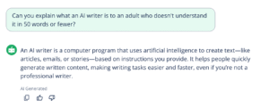 Screenshot of an AI generated explanation of what an AI writer is