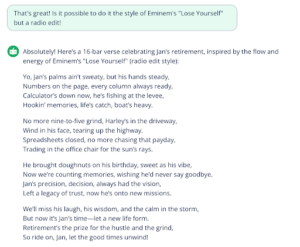Screenshot of an AI rap writer's Eminem-style retirement rap