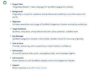 Screenshot of the output from QuillBot's creative brief generator