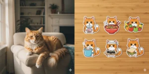 Two side-by-side images. The left shows a fluffy orange cat sitting on an arm chair in a living room. The right shows six stickers of this cat with various food items.