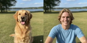 Two side-by-side images. The left shows a golden retriever sitting on grass in front of a lake. The right shows the same scene, but the dog is replaced with a very similar young man.