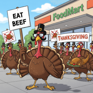 A cartoon of turkeys protesting Thanksgiving outside a grocery store
