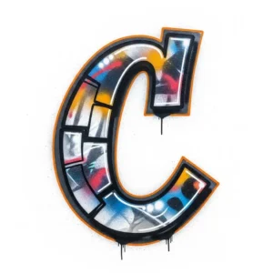 Graffiti style capital letter C with blue, yellow, black, and white spraypaint