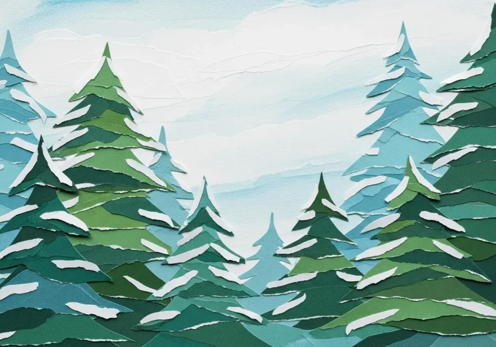 An AI-generated image of a collaged pine forest