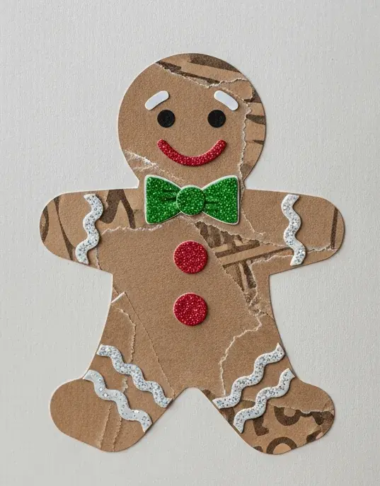 An AI-generated image of a collaged gingerbread man