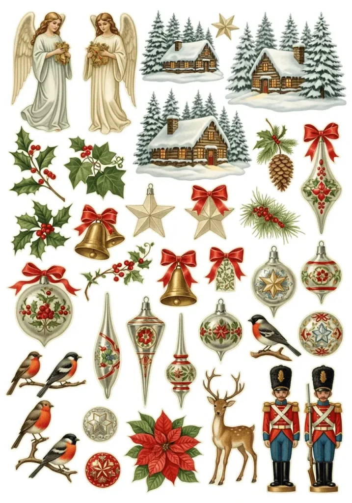 An AI-generated image of a collage sheet of vintage Christmas elements