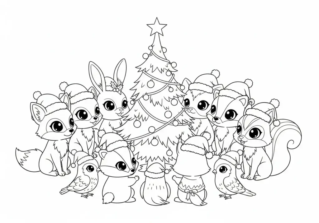 An AI-generated image of a Christmas coloring page of woodland creatures