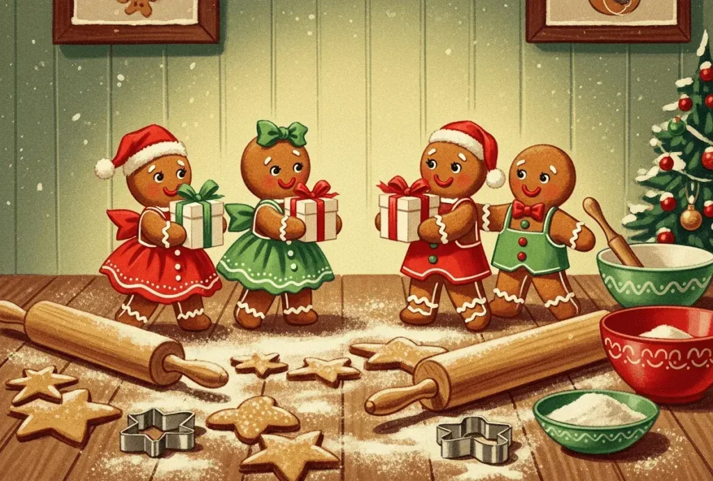An AI-generated image of gingerbread people exchanging gifts on a messy table