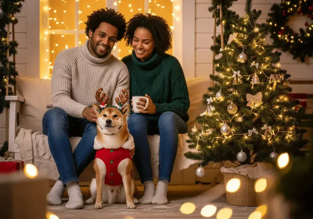 An AI-generated image of a couple with their dog at Christmas