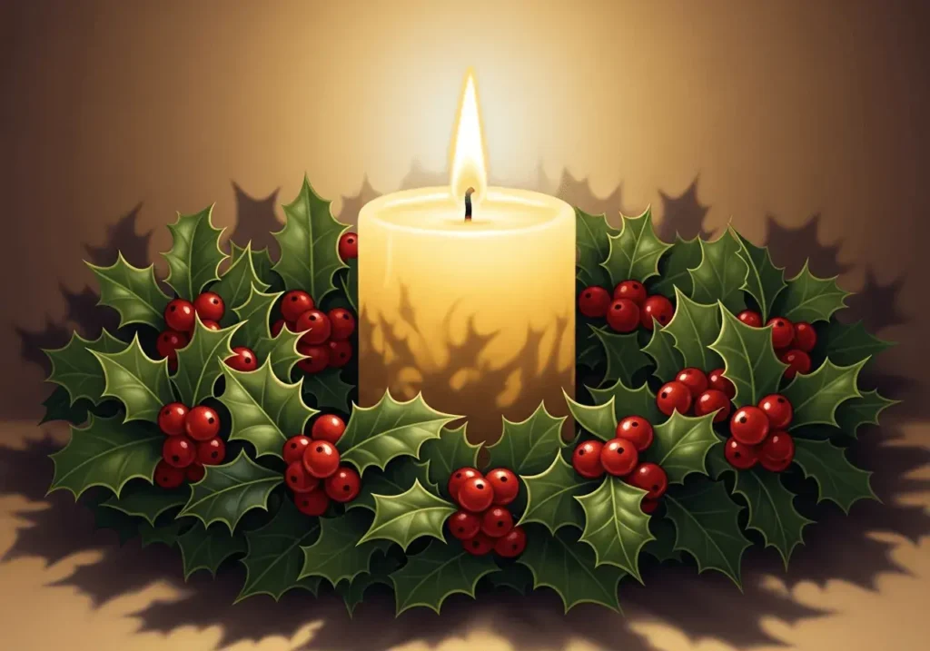 An AI-generated image of a glowing candle in the middle of a holly wreath