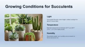 A slide for a presentation about succulents with a photography of 6 potted succulents in a sunny window
