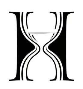 A black and white logo made from a serif capital H with an hourglass shape between the two stems