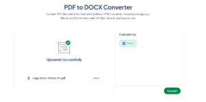 Screenshot of QuillBot’s PDF to DOCX converter webpage showing the upload area where a file has been uploaded successfully.