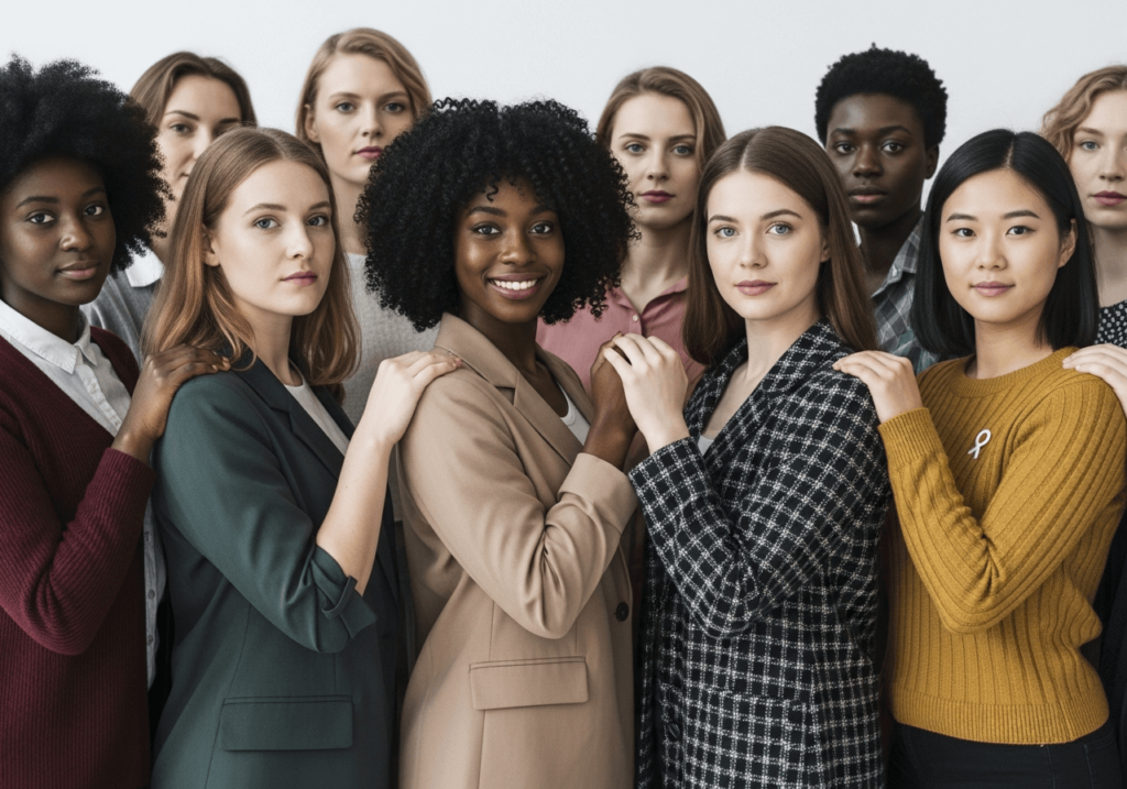 An AI-generated image of working women standing in solidarity