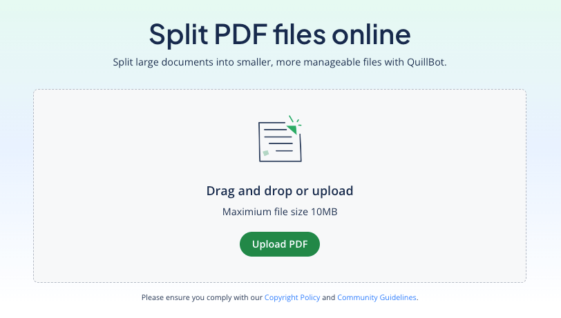 A screenshot showing the upload interface of QuillBot's Split PDF tool.