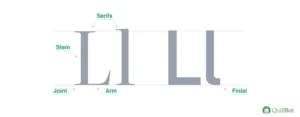 Letter L with the stem, joint, arm, serifs, and finial labeled