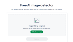 QuillBot's AI image detection tool interface showing a drag-and-drop area for uploading images