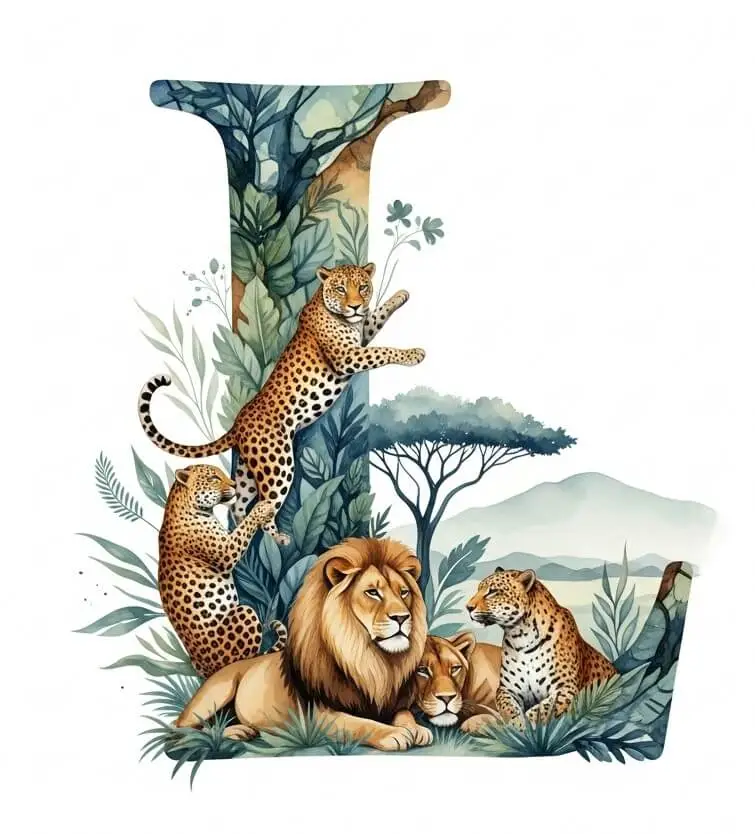 Watercolor-style letter L with lions and leopards