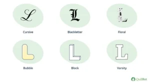 Capital letter L in cursive, blackletter, floral, bubble, block, and varsity designs