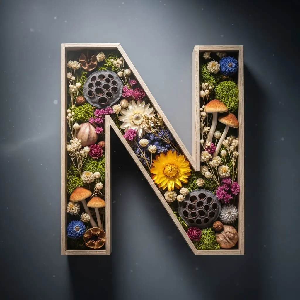 AI generated design for a wooden letter N filled with dried flowers