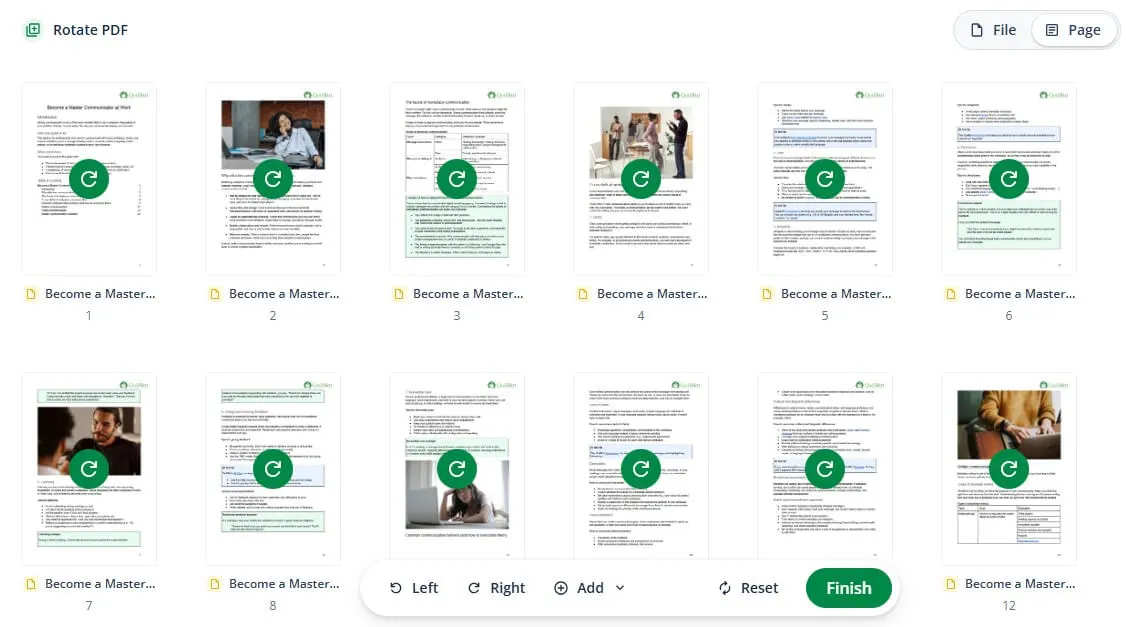 Uploaded PDF in QuillBot's rotate PDF tool interface