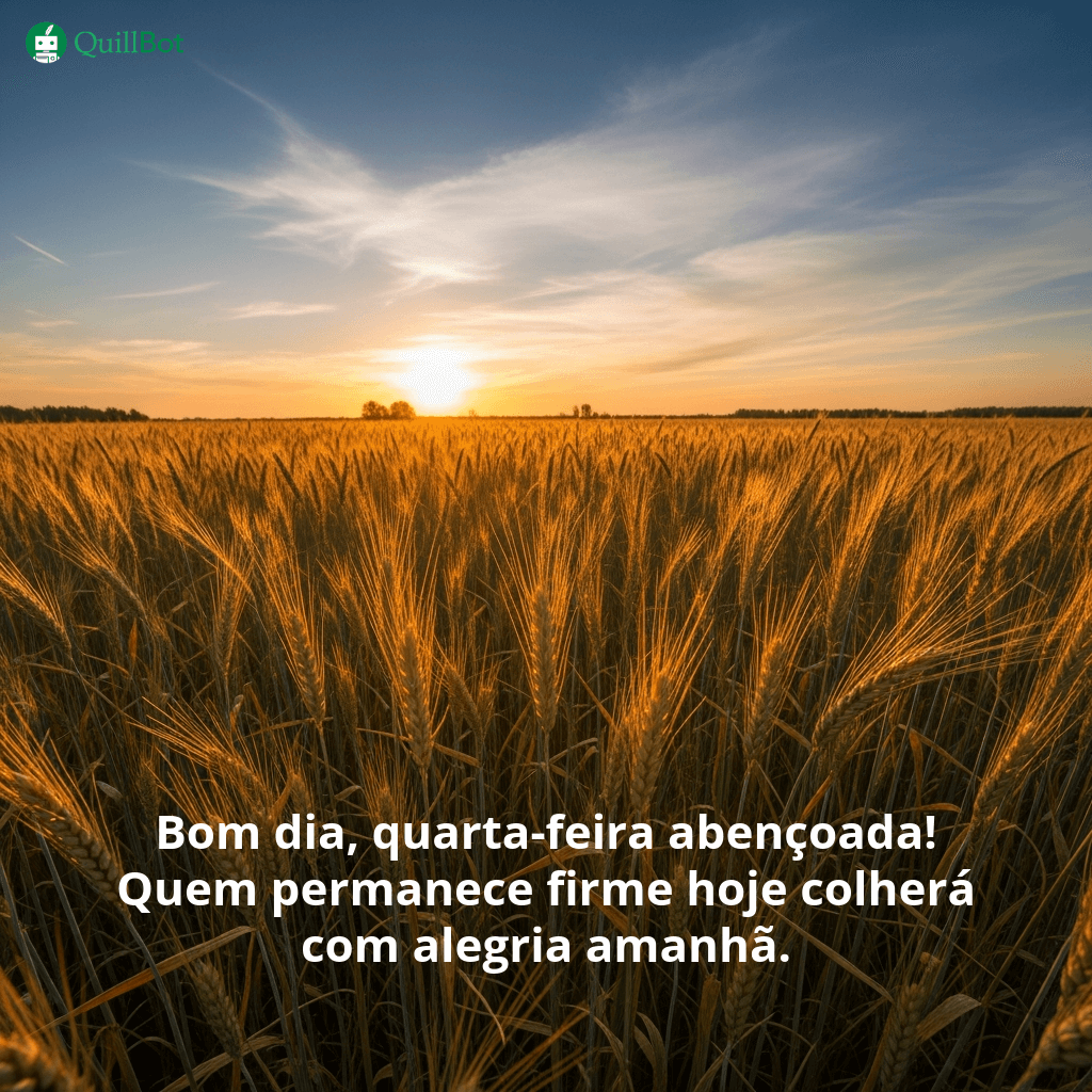 A imagem do nascer do sol numa plantação de trigo com as frases: Bom dia, quarta-feira abençoada! Quem permanece firme hoje colherá com alegria amanhã.