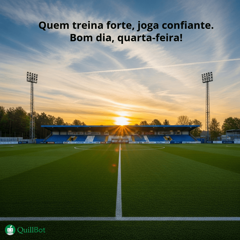 A imagem do nascer do sol num campo de futebol com as frases: Quem treina forte, joga confiante. Bom dia, quarta-feira!
