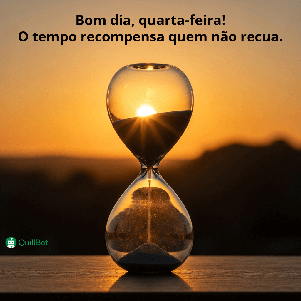 A imagem do nascer do sol visto por trás de uma ampulheta com as frases: Bom dia, quarta-feira! O tempo recompensa quem não recua.