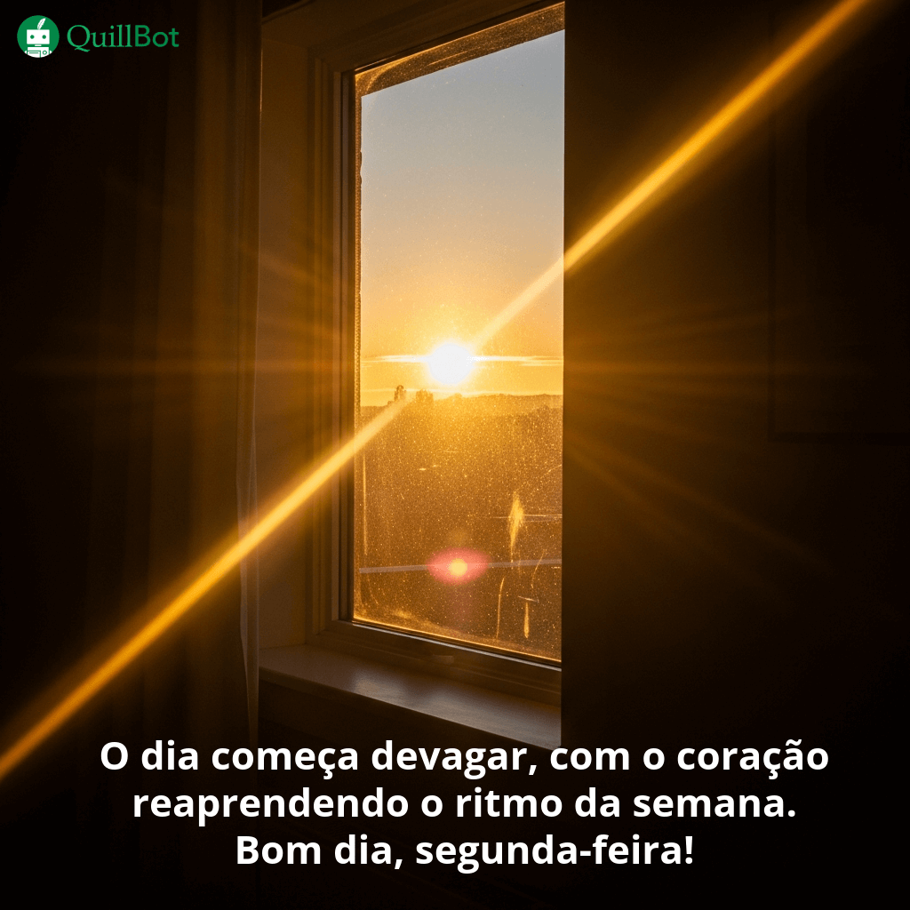A imagem do nascer do sol visto de uma janela com a frase: O dia começa devagar, com o coração reaprendendo o ritmo da semana. Bom dia, segunda-feira!
