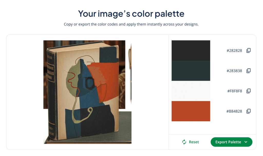 A screenshot of QuillBot's color palette generator and a palette it generated based on the image of a book